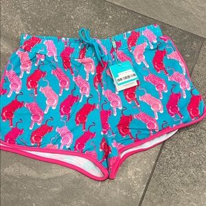 Posh Peanut Turquoise Athletic Shorts with Pink & Red Tiger Print